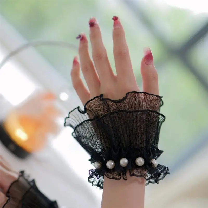 Sheer Ruffle Lace Wrist Cuffs Adjustable Elastic Wrist Band Pearls Hand Sleeves 