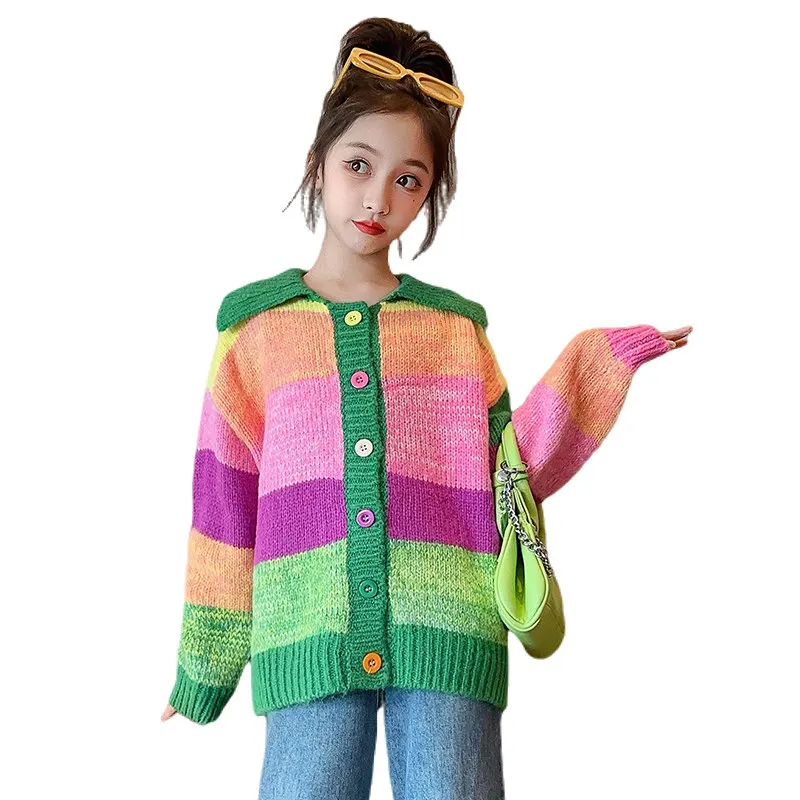 Casual cotton School Girl Rainbow Knit Cardigan Sweater Kids Single-Breasted Patchwork Long Sleeve Sweater Fashion Teen Clothes