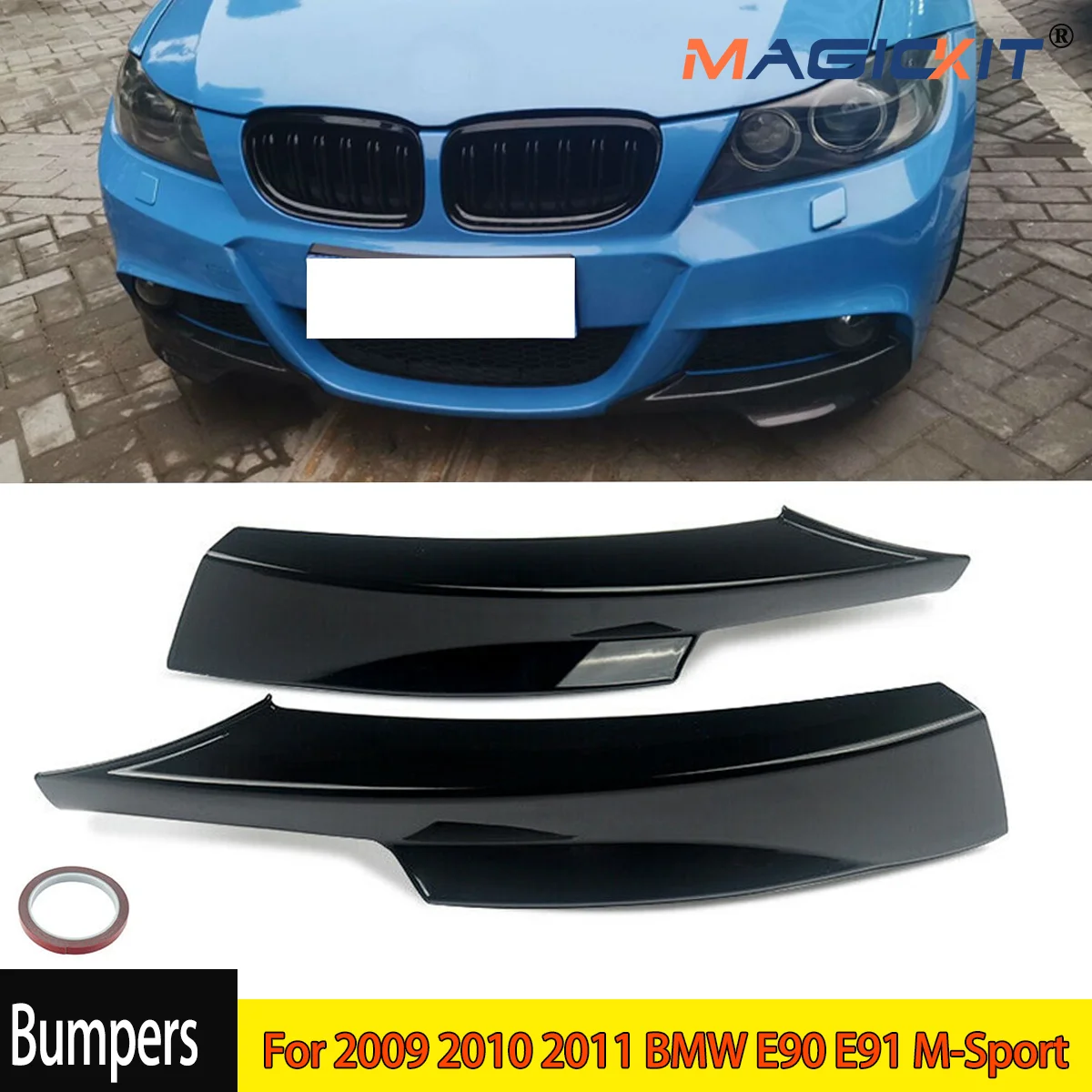 MagicKit a pair Front Bumper Splitter Spoiler Lip For 2009 2010 2011 BMW E90 E91 M-Sport 4 DOOR Gloss Black LCI M-Tech Bumper