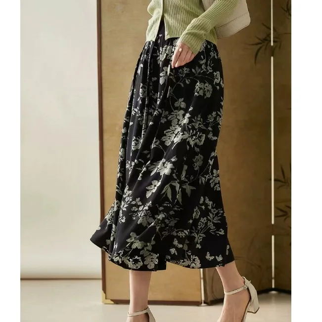 

Dave&di Skirt Woman Clothing Faldas Skirts Elegant A-line Printed Skirt With Ink Wash Blended Silk Blend For Temperament