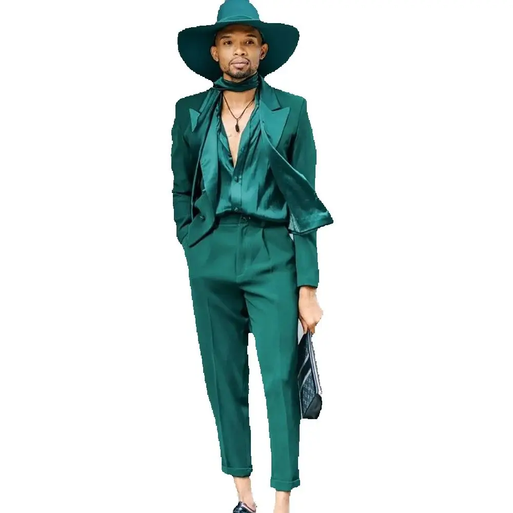 Chic Green Men's Suits Solid Color Peak Lapel Front Flat Outfits Two Piece Casual Party Prom Daily Street Fashion Man Set