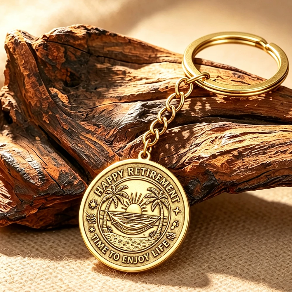 Happy Retirement Keychain Brass 3D Embossed Vintage  Medallion Pendant Stainless Steel Key Chain Retirement Gift for Retiree