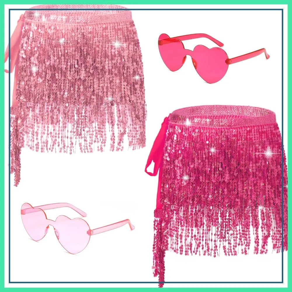 

2 PCS Sequin Fringe Skirt Belly Dance Hip Scarf Sparkly Tassel Skirt Party Concert Outfit for Women with Heart Sunglasses