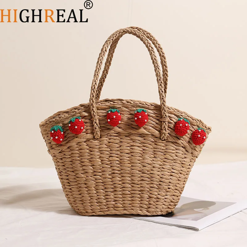 

Cute Strawberry Handheld Vegetable Basket Bag New Handheld Large Capacity Grass Holiday Beach Handmade Woven Bag