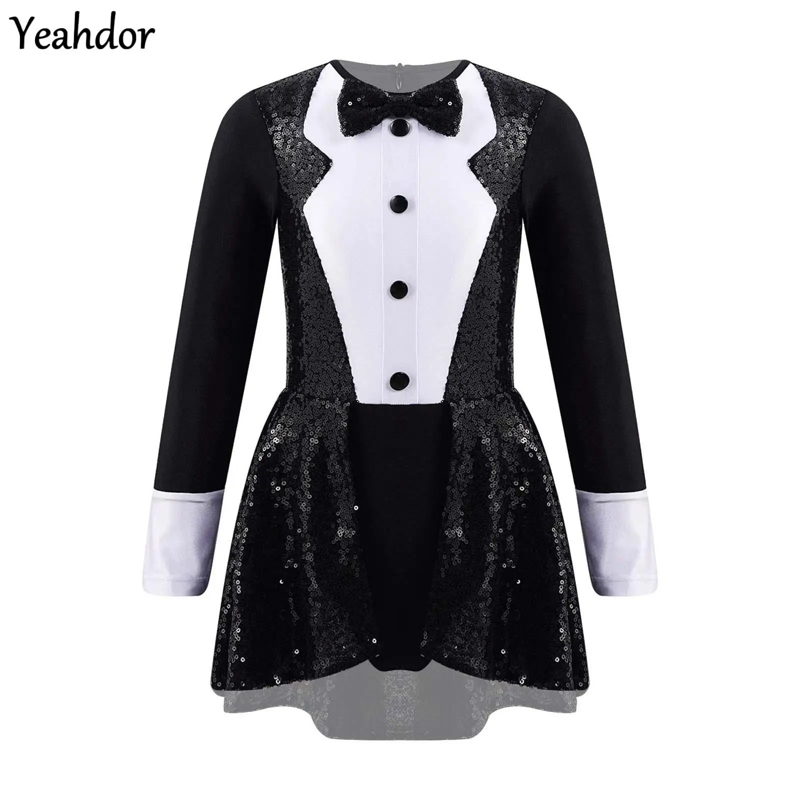 

Girls Cosplay Magician Costume Set Long Sleeves Bow Tie Tuxedo Sequin Leotard Bodysuit +Hat Magic Wand Gloves Halloween Dress Up