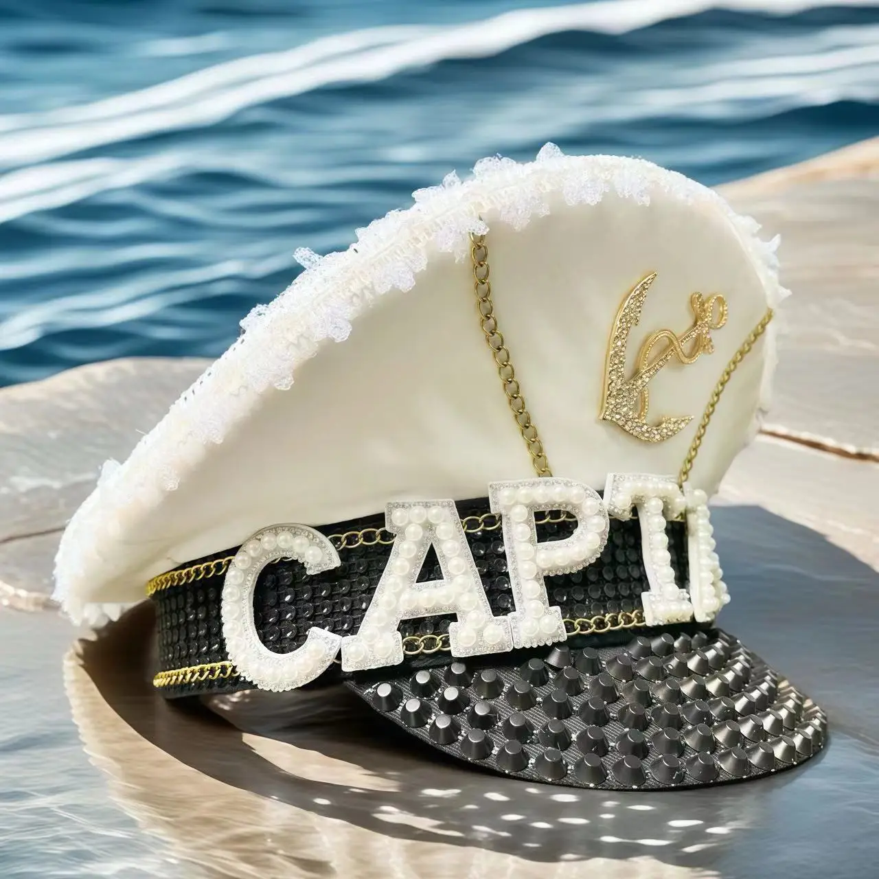 HongLuan White CAPTAIN Hats Rhinestone for Burning Man Festival Woman, Halloween Costume Hat Adult, Cosplay Female Accessories