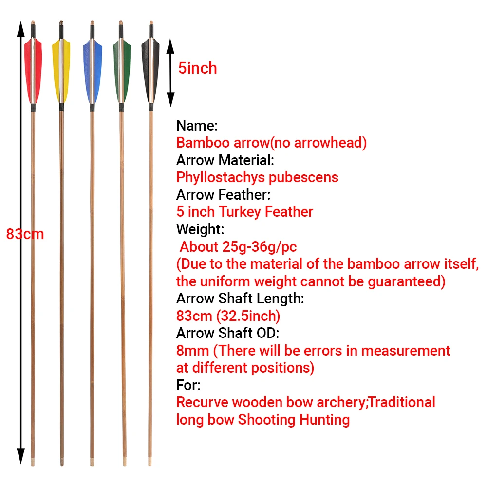 6/12pcs Bamboo Arrow 5 Inch Turkey Feather 83cm Length OD 8mm Shaft for Traditional Recurve Long Bow Archery Hunting Shooting - view 3