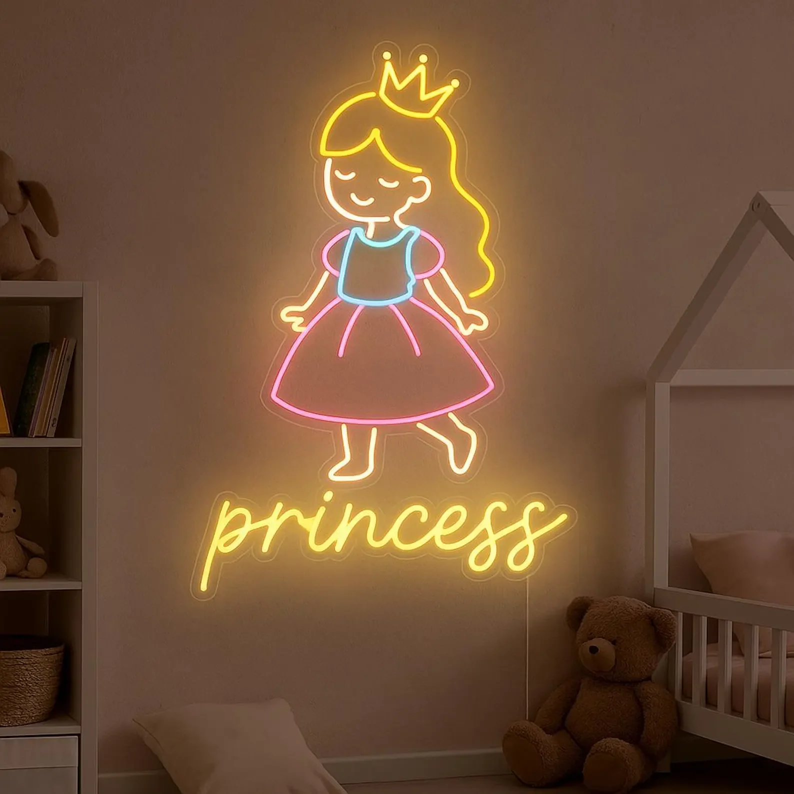 

Неоновая вывеска принцессы, неоновая вывеска для детской комнаты, идея подарка для девочки, неоновая вывеска принцессы и кролика, декор детской комнаты