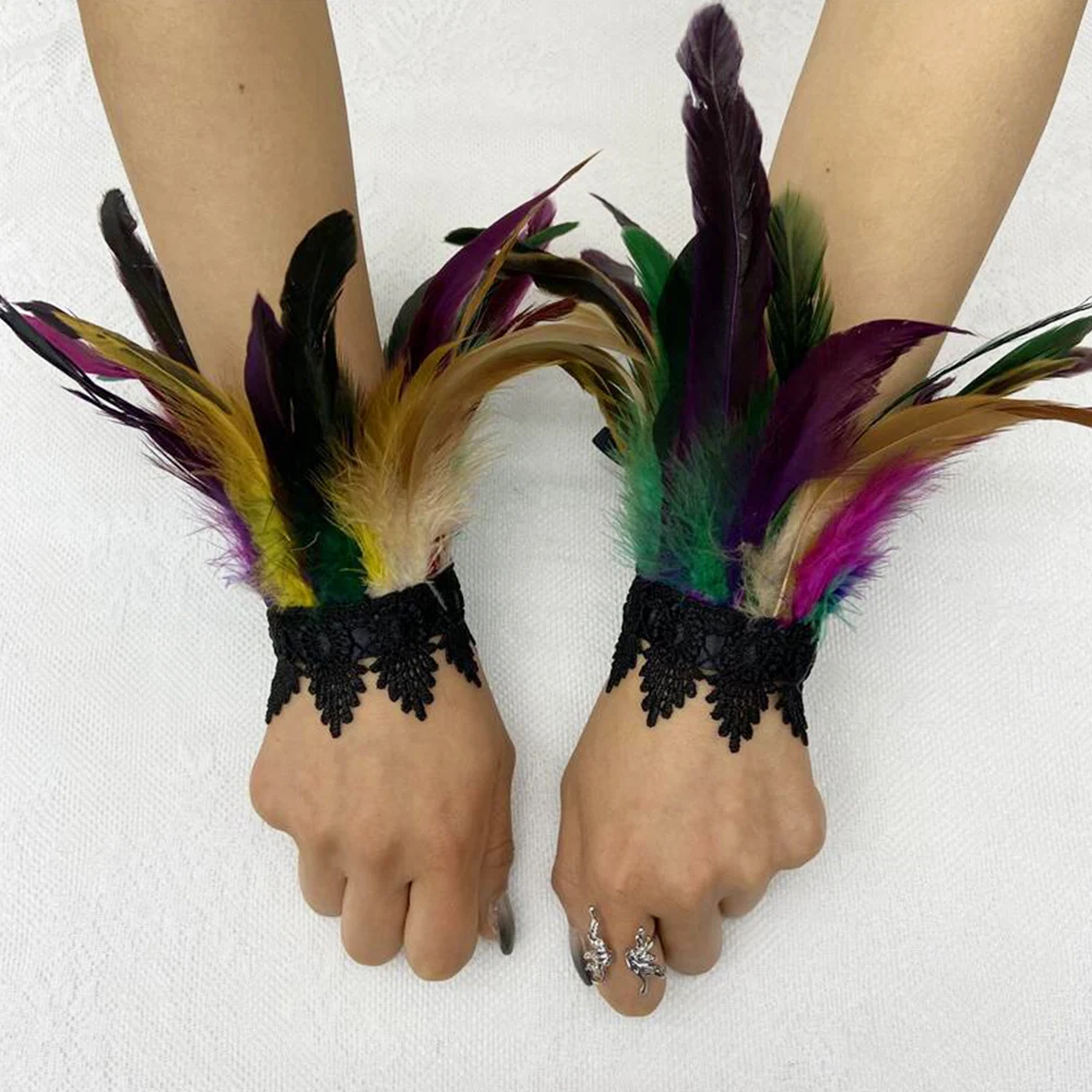 Natural Rooster Feather Cuffs Women Detachable Wrist Cuffs Arm Warmer Gothic Rave Party Props Stage Cosplay Manchette En Plumes