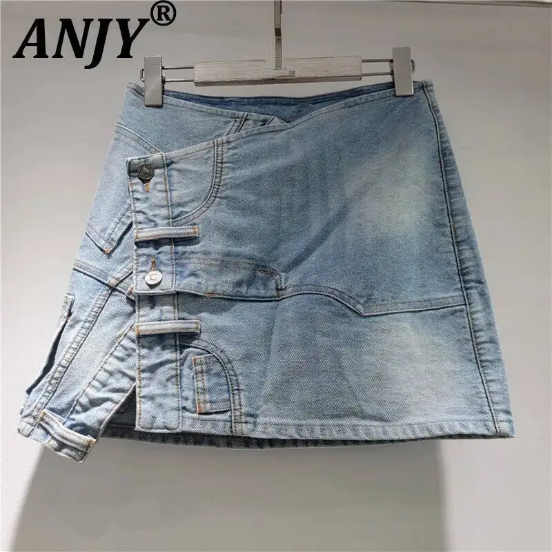 

ANJY Summer New Women Stylish Washed Staggered Casual Versatile Denim Short Skirt Niche Design Vintage High Street Skirts A24128