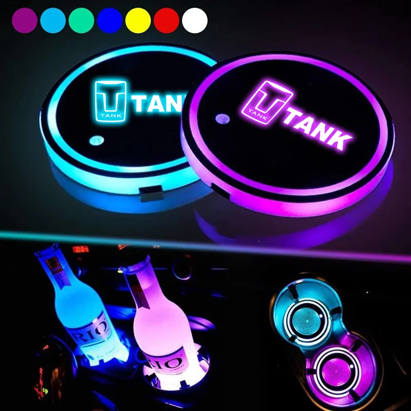 LED Car Water Cup Mat Drink Holder For Tank 300 400 Hi4-T 500 Hi4-T 700 Hi4-T Emblem Auto Interior Decorative Atmosphere Lights