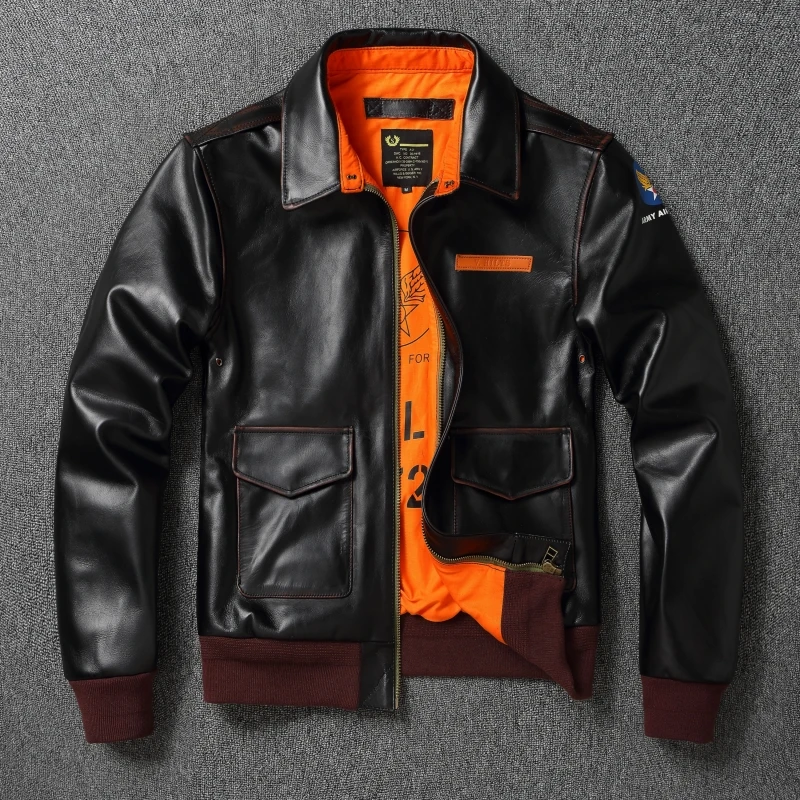 

2025 New Fashion Autumn Winter Tea Core Horse Leather A2 Flight Jacket Men's Vintage Hand-rubbed Lapel Coat Male Black Jackets