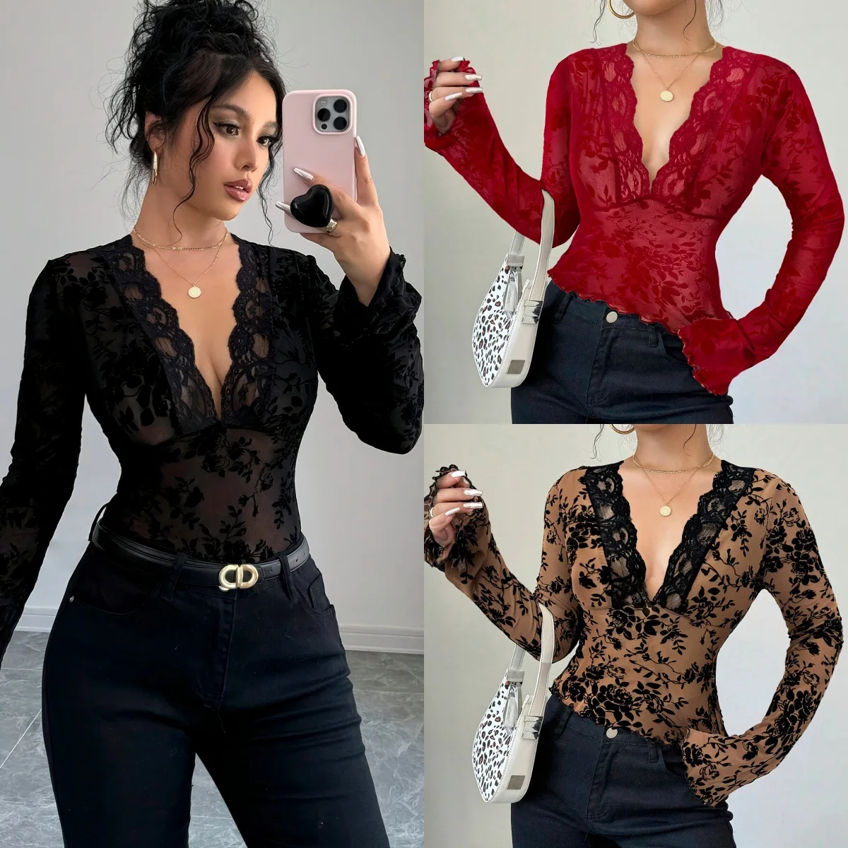 

2025 Women's V-neck T-shirt Lace Patchwork Slim-fit Fashion Top Flared Long Sleeve Sexy Hot Girls Versatile Tees for Female
