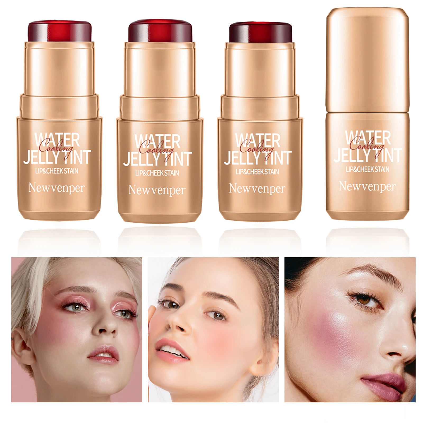 3 قطع من عصا أحمر الخدود المتينة المقاومة للماء للوجه والشفاه، غير لزجة، تدوم طويلاً، مرطبة، مغذية