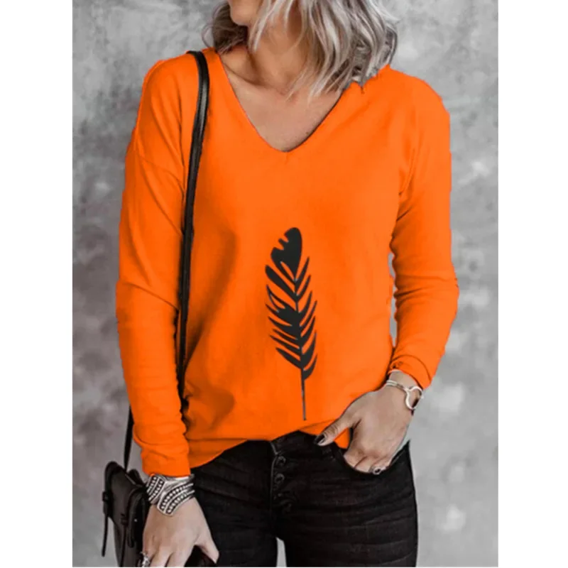 Fashion V-Neck Casual Tops Women Long Sleeve Grass Printing Graphic T-shirt Streetwear Basic All-match Oversize Clothes 5 Colors