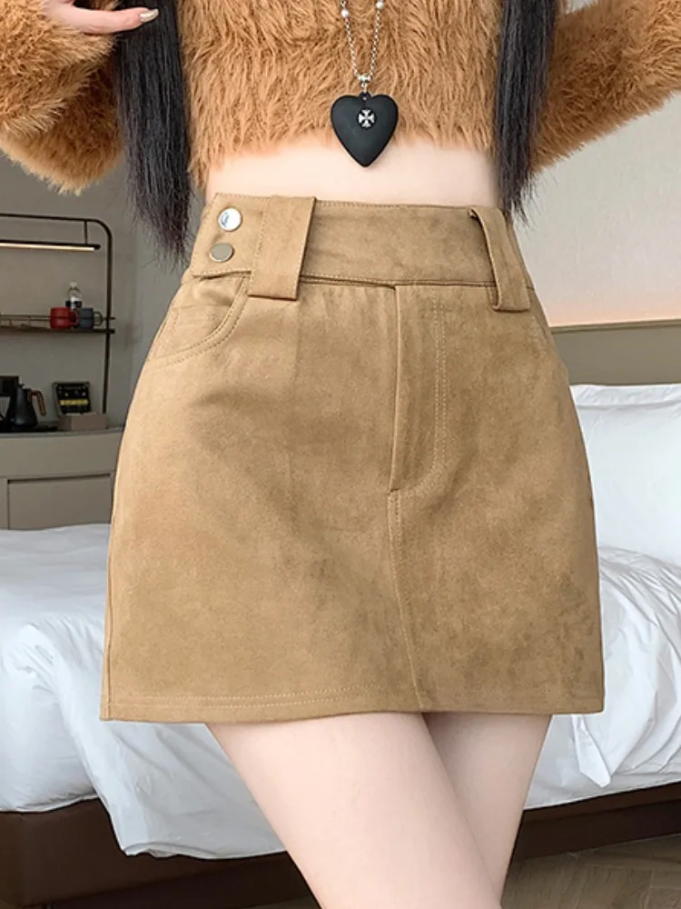 Jupe f en daim kaki pour femmes, taille haute, amincissante, ligne a, jupe enveloppante, confortable, douce, Vintage, décontractée, taille haute A...