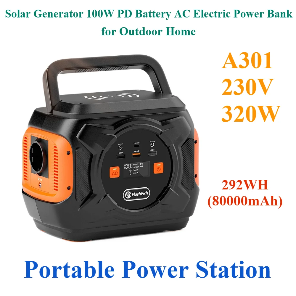 Solar Generator 100W PD Battery AC Electric Power Bank for Outdoor Home A301 230V 320W Portable Power Station 292WH(80000mAh)