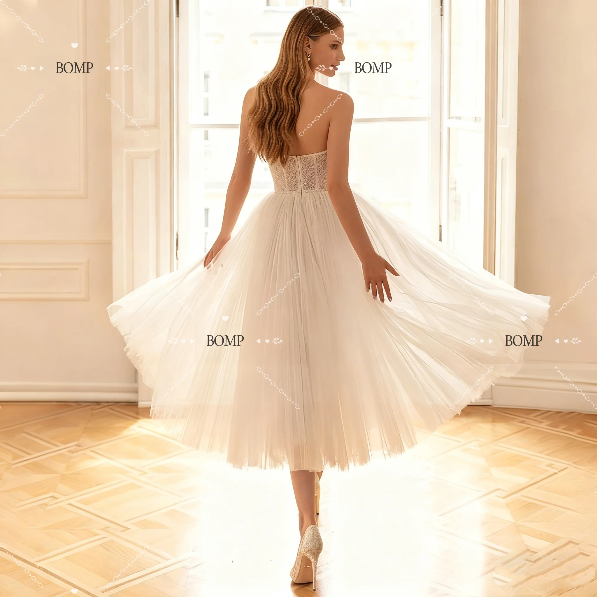 BOMP 신부를위한 간단한 미니 웨딩 드레스 연인 아이보리 튤 무릎 길이 여성 공주 신부 가운 맞춤형 로브 드 마리에