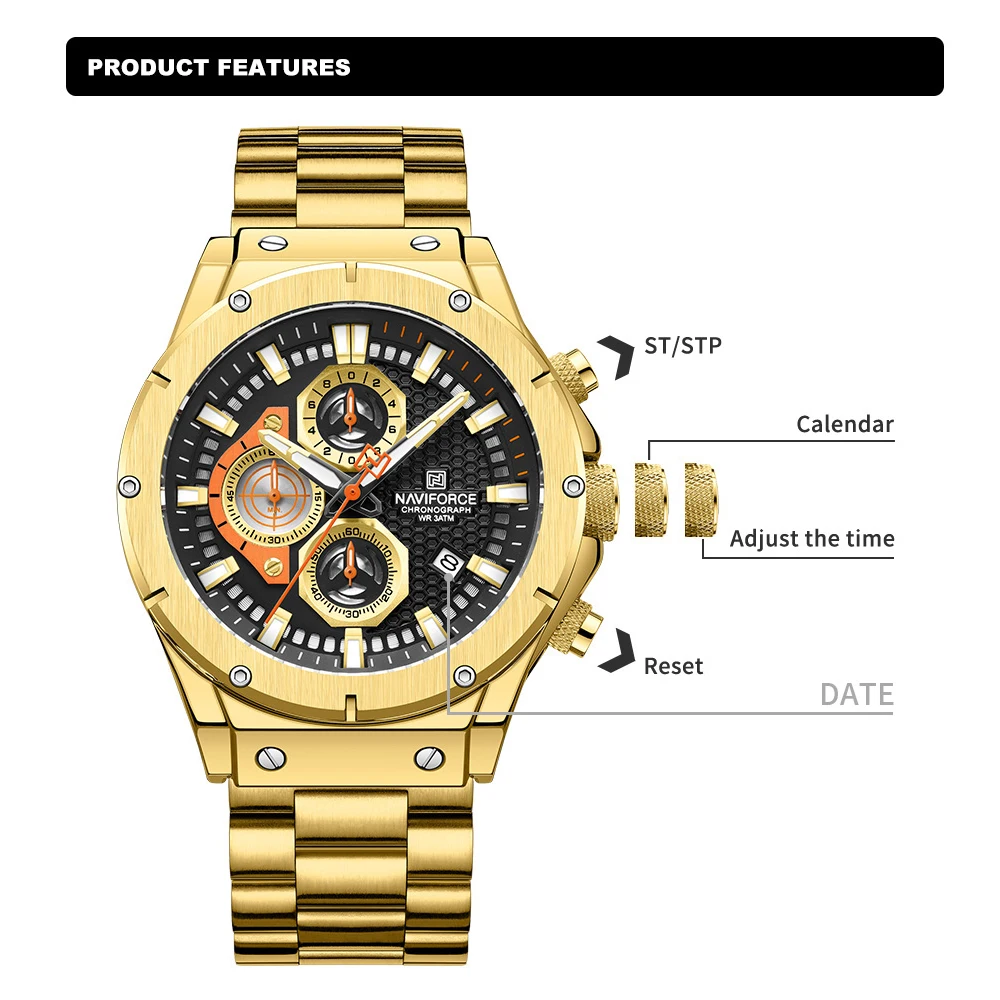 NAVIFORCE Luxury Golden Watch for Men Original High Quality Men\'s Quartz Wristwatches Chronograph Waterproof Steel Strap Clock