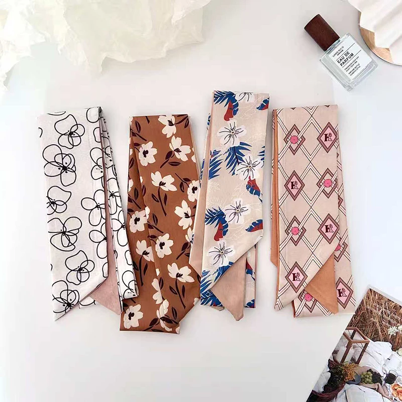 Luxury Brand Model Small Silk Scarf Women Flowers Pattern Hair Bag Handbag Handle Ribbon Scarf Band Neck Scarves Headband