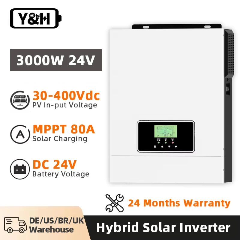 Y&H Hybrid Solar Inverter 3000W 1600W 24V 12V 220V off-grid Pure Sine Inverter Built-in 80A MPPT Solar Charge Controller WiFi