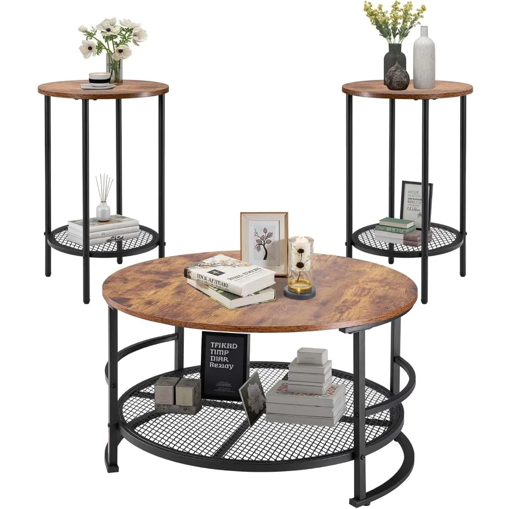 

3 Pieces Round Coffee Table Sets, 31.5 in Industrial Living Room Table with 2 End Side Tables, Easy Assembly Coffee and End Tab