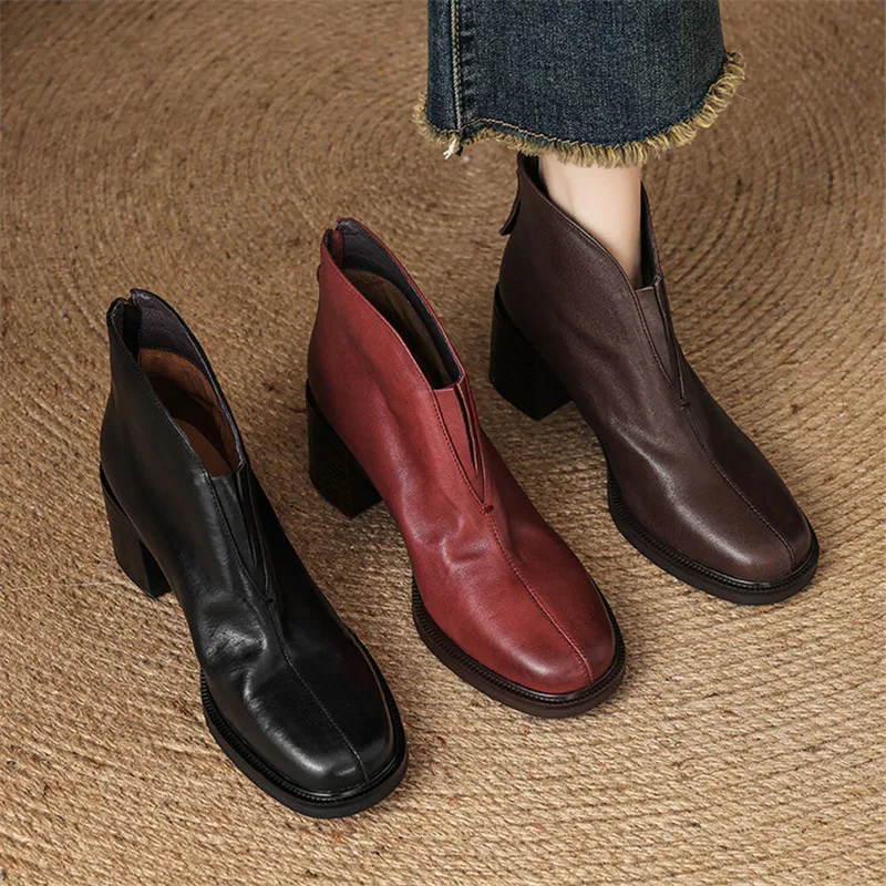 New Autumn Winter Genuine Leather Women Boots Fashion Chelsea Boots for Women Round Toe Short Boots High Heels Botines Mujer