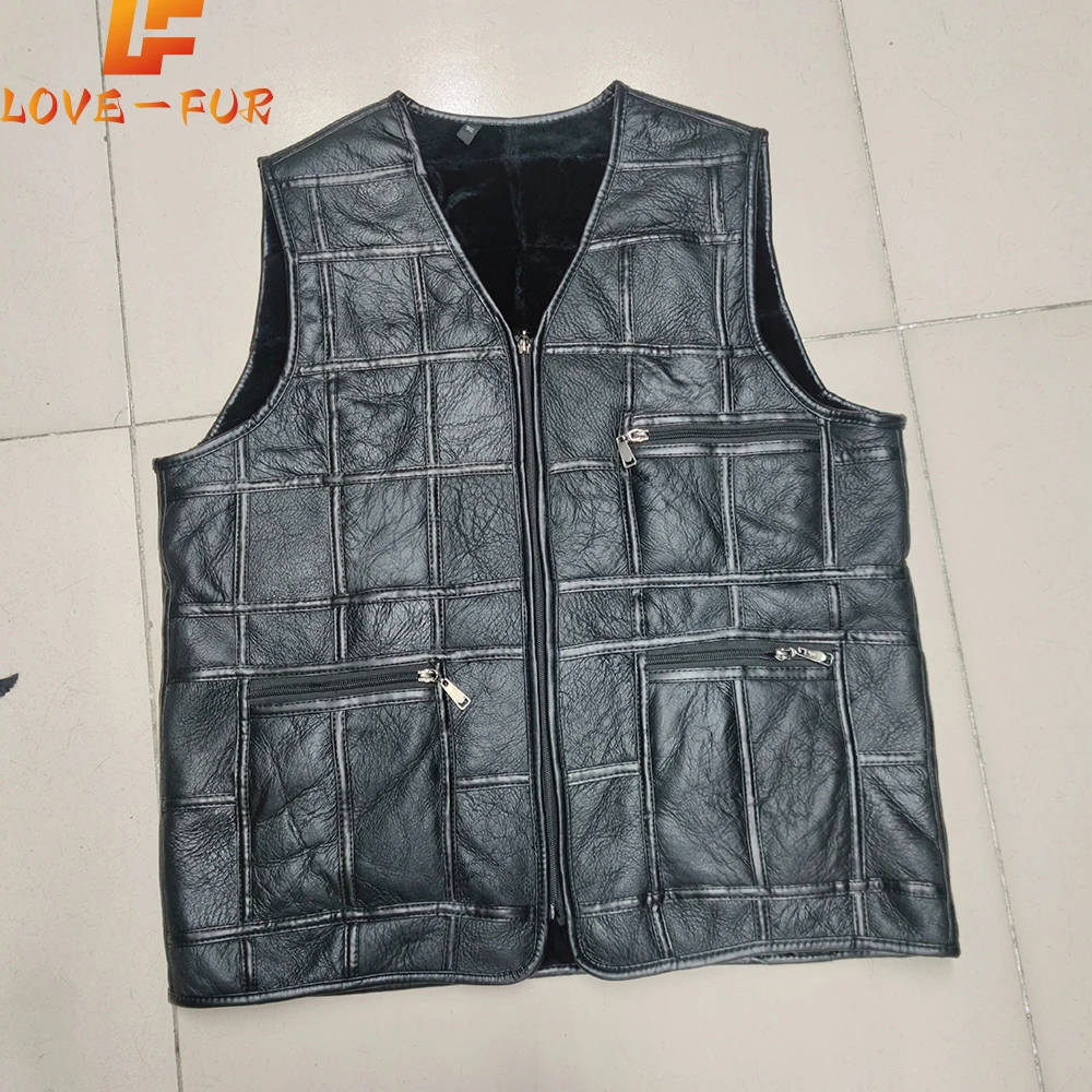 

2024 Thick Motorcycle Vest Multi Pocket Zipper Real Sheepskin Genuine Leather Vest Men Black Waistcoat Male Sleeveless Jacket