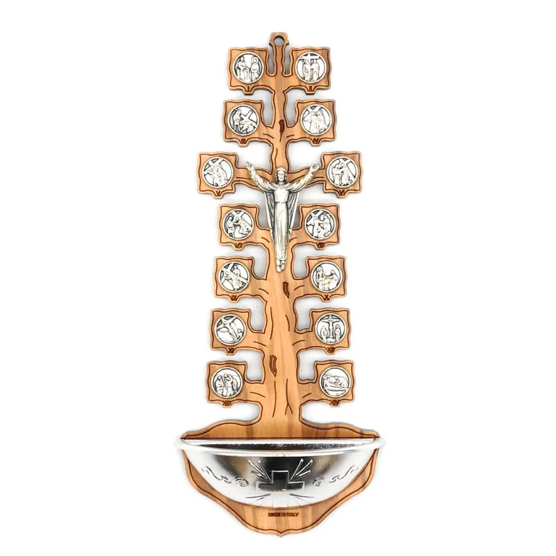 14 piscinas de agua bendita de carretera amarga, madera de oliva y árbol de Metal, cruz de pared de madera para decoración del hogar de la iglesia, 16,5 × 7cm