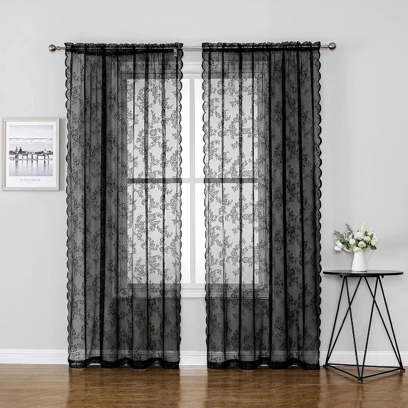 

1-Panel Vintage Lace Curtain Retro Floral Embroidery Drape Privacy & Light Filtering Sheer Lace Curtain Living Room Window Decor