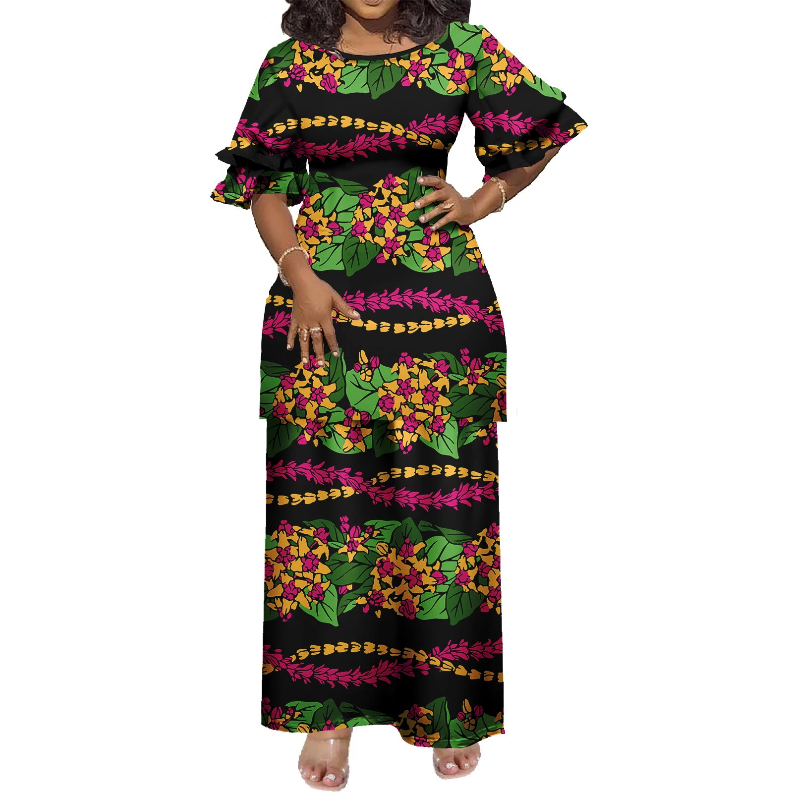 Women Dress Print On Simple And Casual Loose Short-Sleeved Top Half-Length Skirt Two-Piece Set samoan dress