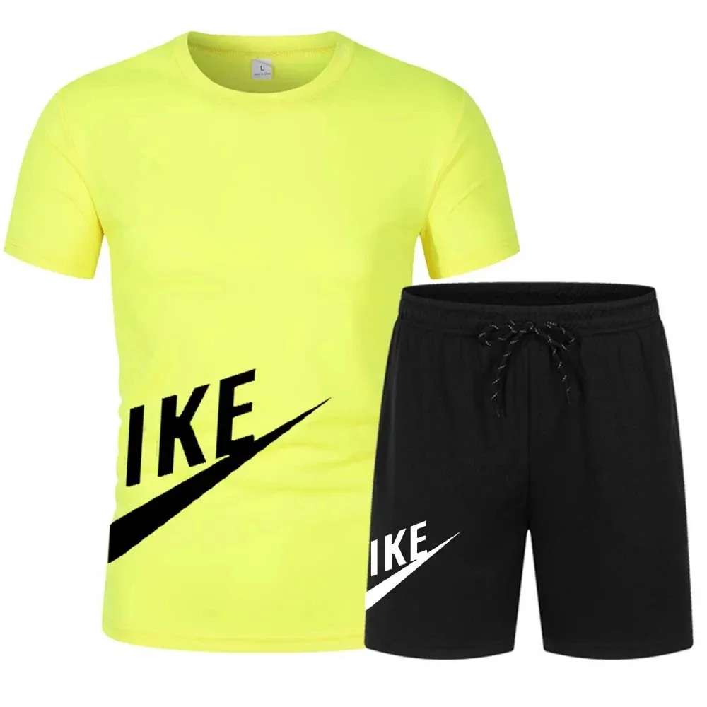 Summer men's printed casual fitness training sportwear set mesh breathable short sleeve T-shirt + jogging shorts 2 sets