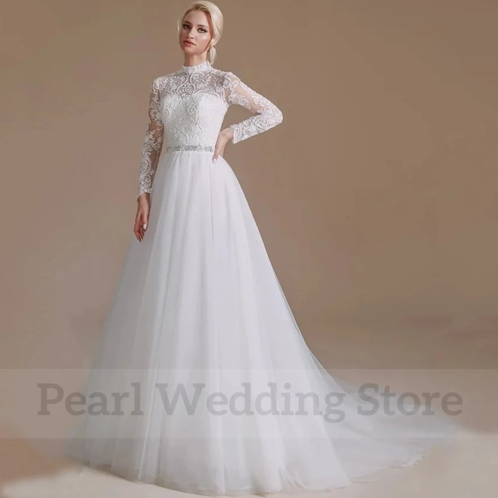 Gorgeous Tulle A-Line Wedding Dress High Neck and Long Sleeves Illusion with Belt and Buttons Bride Church Marriage Gowns