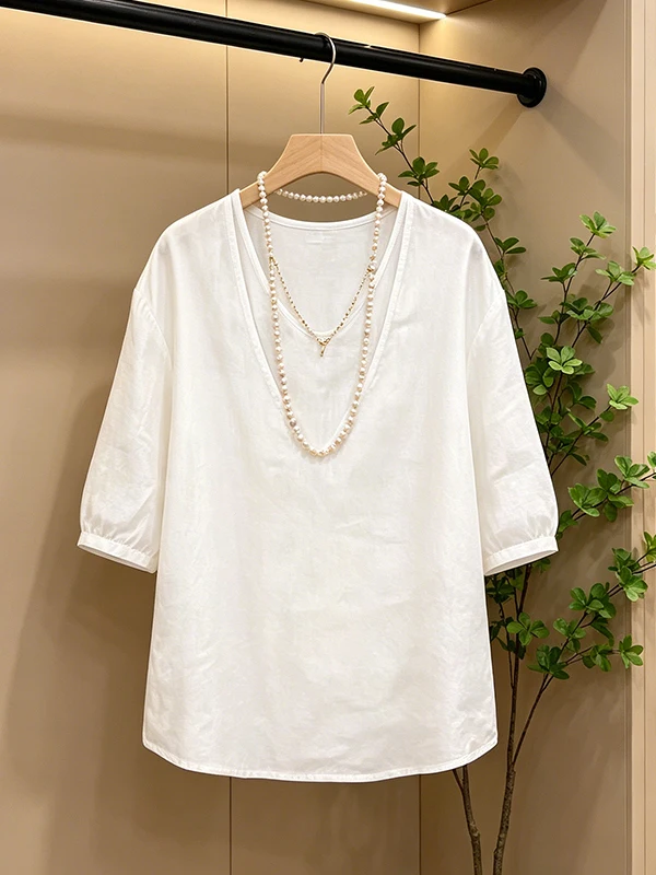 

Loose V-Neck Shirt Women's Fashion Lazy Style Casual Top Breathable Comfortable Korean Version Summer New Arrival