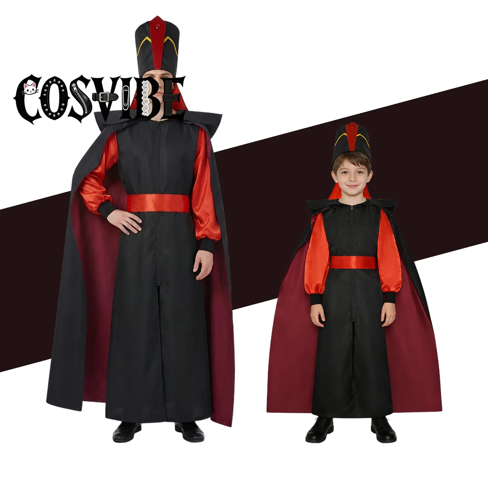 

Jafar Cosplay Costume Set - Anime Movie Fairytale Sorcerer Arab Red Outfit Halloween Fancy Suit with Party Hat and Villain Beard