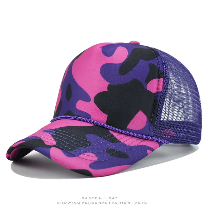Custom Printed Embroidered Logo Camouflage Sponge Mesh Baseball Cap Five Panel Breathable Rope Design Hip-hop Truck Driver Hat