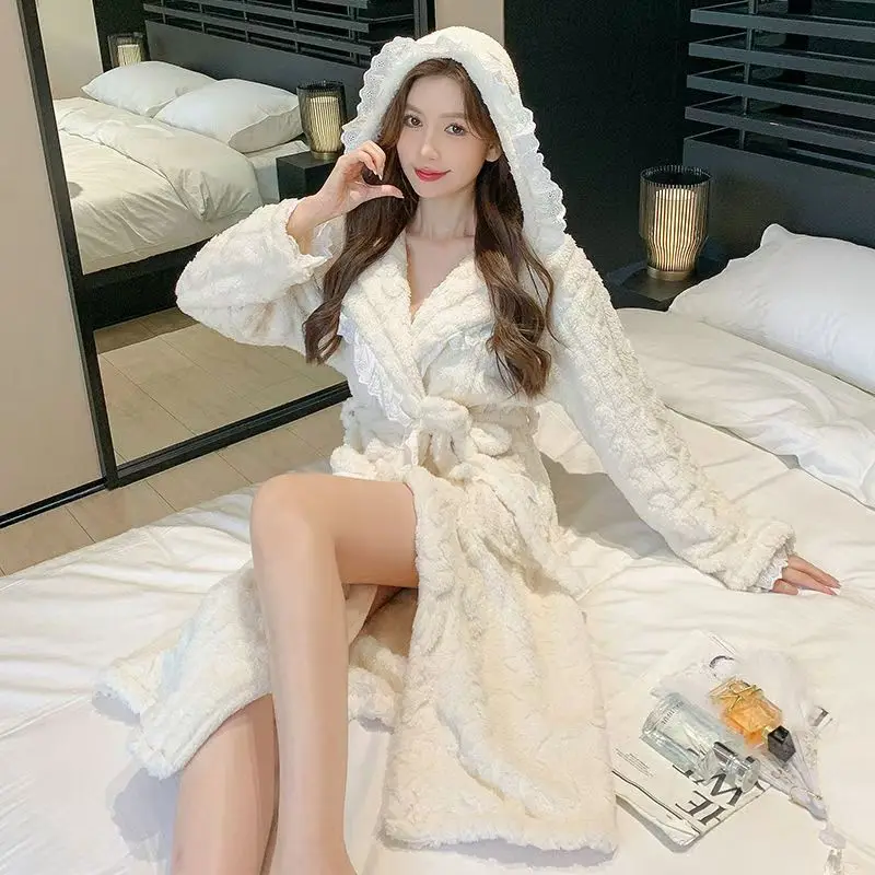 Winter Women's Warm Robes Thick Long Sleeve Hooded Ladies Dressing Gown with Pockets Lace Patchwork Pajama Robe for Female