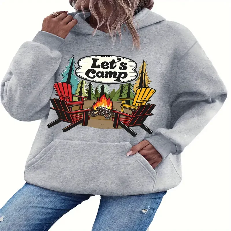 

Толстовка с капюшоном Lets Camp и графическим рисунком для женщин, повседневная осенне-зимняя уличная толстовка с карманом-кенгуру, уютный пуловер для женщин
