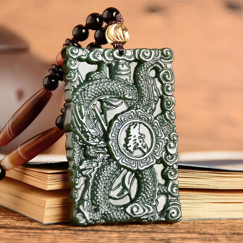 Hotan Jade Green Guangong Pendant Man's Aggressive Guaner's Double sided Jade Token jade safe sign men necklace