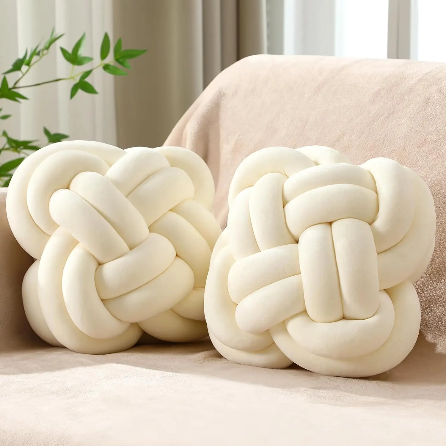 Handgefertigtes Geschenk, cremefarbene Knoten-Kissen, Kugeln, großes, quadratisches, geknotetes Bodenkissen für Wohnzimmer, Schlafzimmer, Sofa, Couch, Bett, Heimdekoration