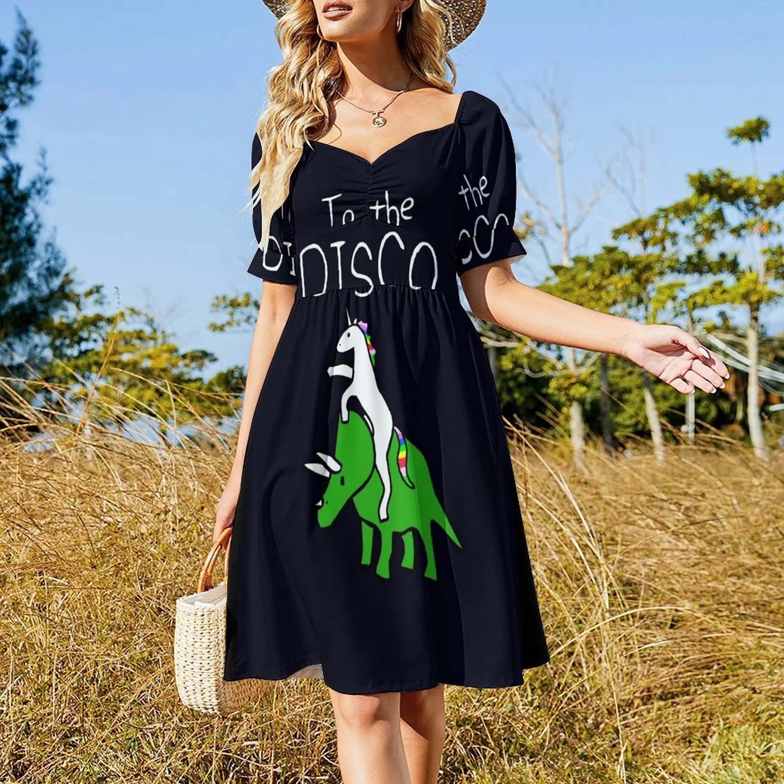 To The Disco (white text) Unicorn Riding Triceratops Short Sleeved Dress womens clothing Woman dresses Dress