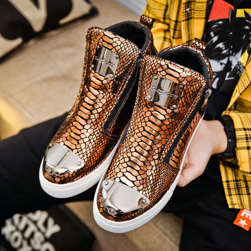 Hot sale Luxury Golden Leather Sneakers For Men Zip Designer Shoes Men Size 45 High top Sneaker Streetwear Mens Skateboard Shoes