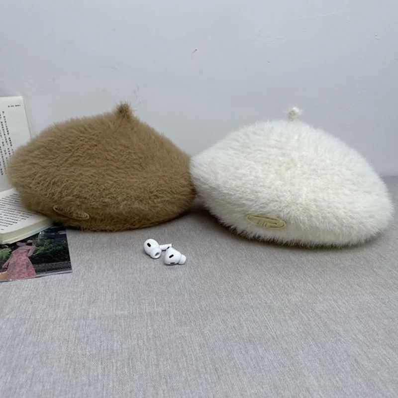 Imitation rabbit plush beret women's autumn and winter Korean version Japanese versatile plush hat painter hat warm knit bud hat