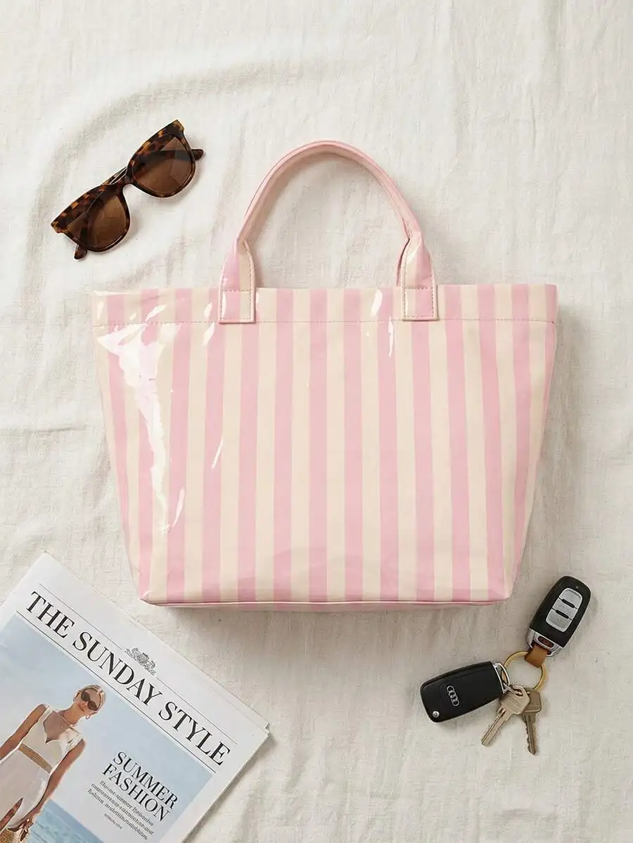 Bolso de mano transparente de PVC con rayas verticales en rosa y crema para mujer, bolso grande, ligero, impermeable, para viajes a la playa y compras