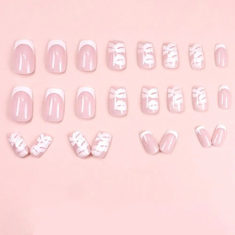 Trend Fashion Women Girls Medium Coffin Shaped French Glitter Powder Star Stripe Wearable Fake Nail Press on Nail Art