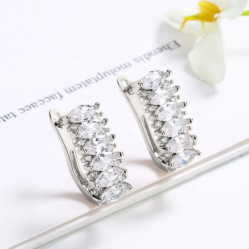 Silver Tone Marquise Moissanite Clip-On Earrings Stacked Cuff Earrings Copper Statement Jewelry for Office & Party