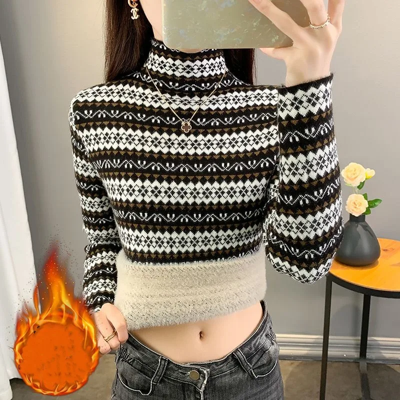 Autumn and Winter Women's Stripe Colored Half High Collar Long Sleeve Slim Pullover Fleece Underlay Fashion Casual Vintage Tops