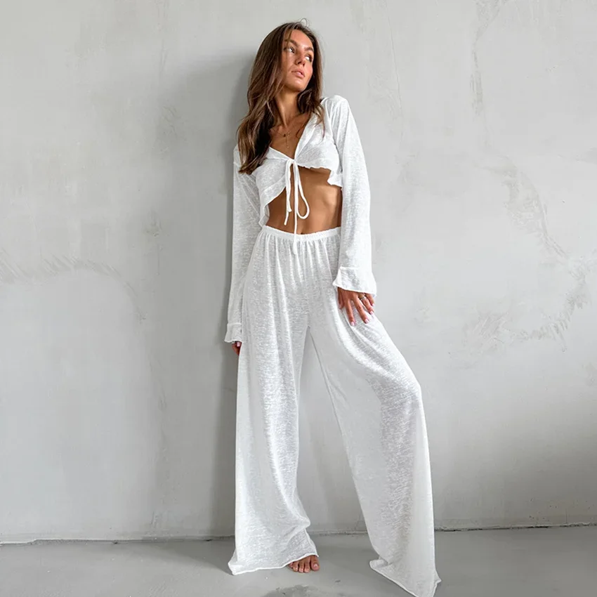 

Sexy V-Neck Knitted Thin Trousers Pajamas Women Casual Lace-Up Crop Tops With Loose Long Pants Sleepwears White Suits 2026