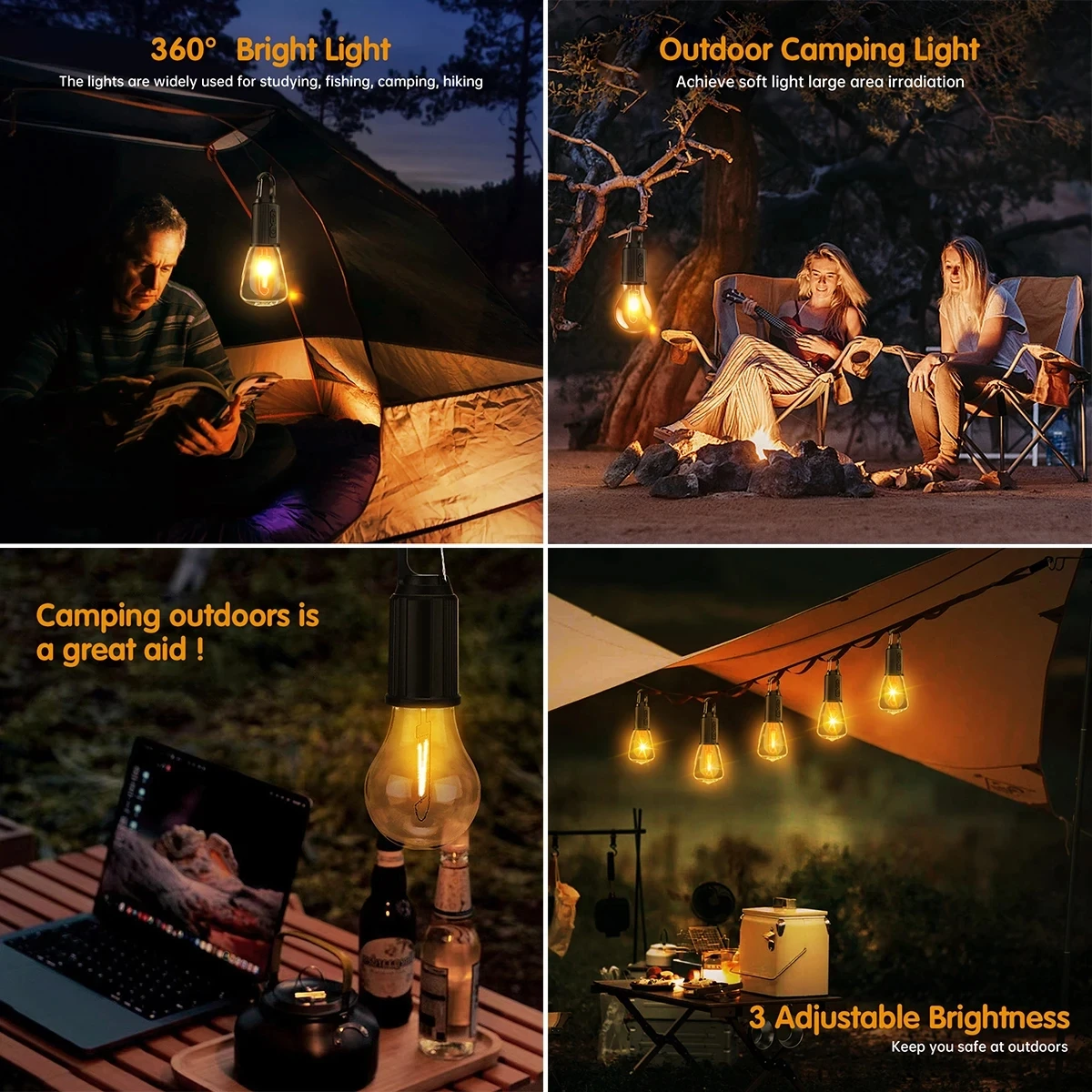 LED Camping Lights USB Rechargeable 3 Lighting Modes Dimmable Vintage Light Bulbs with Hook Outdoor Camping Hiking Tent Lantern