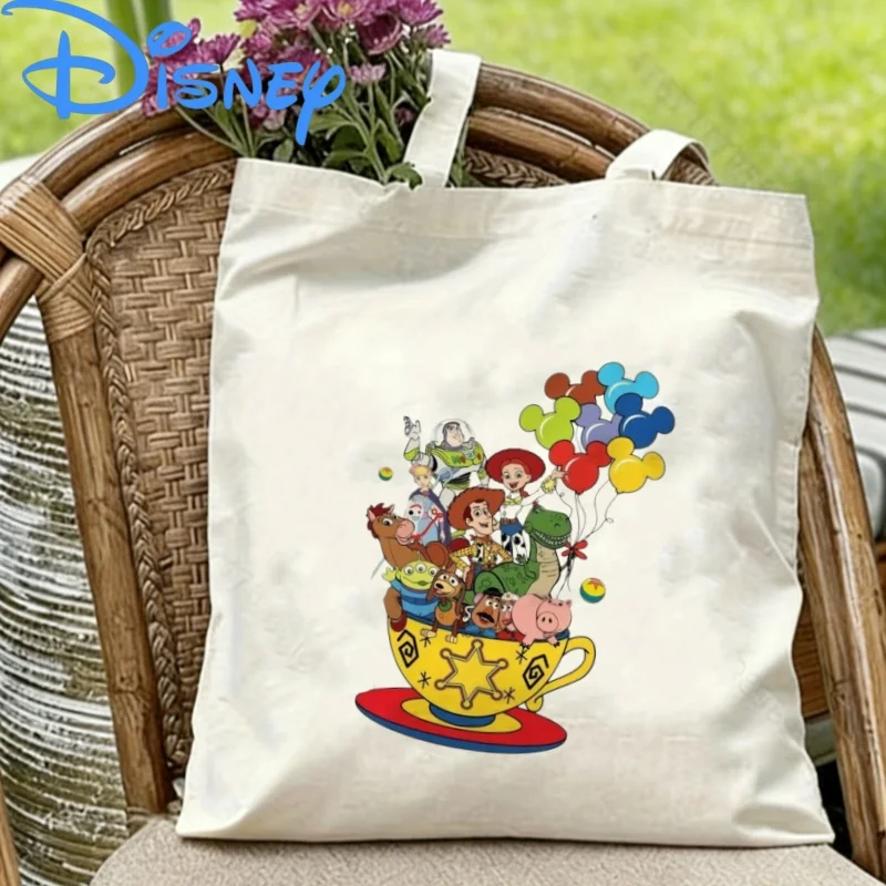 Bolso de lona con estampado de taza de té de Disney Toy Story Crew, bolso de hombro reutilizable ecológico, 1 ud.